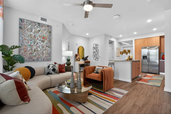 Apartment living room and open kitchen at Entrada Apartments, Cape Coral