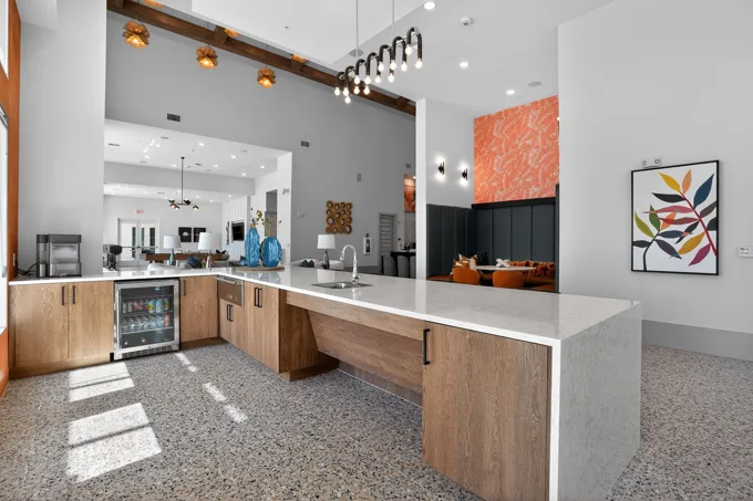 Clubhouse kitchen and counter seating at Entrada Apartments, Cape Coral
