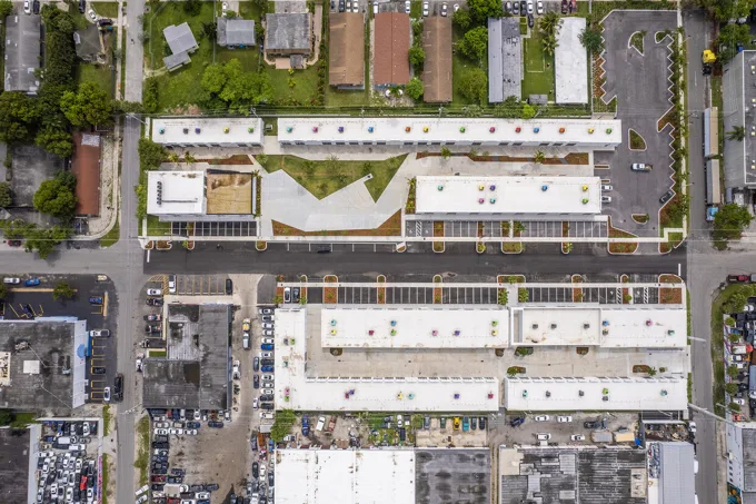 Overhead view of the commercial property and surrounding streets at Thrive Art District, Fort Lauderdale
