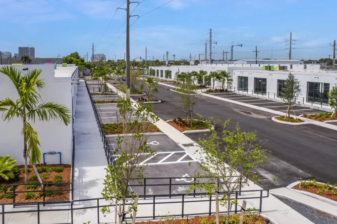Landscaped street and pedestrian crossing at Thrive Art District, Fort Lauderdale
