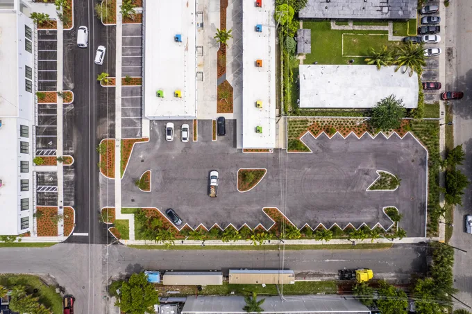 Overhead view of the courtyard and parking area at Thrive Art District, Fort Lauderdale