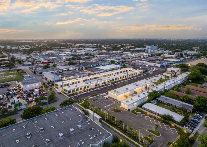 Aerial view of the property at sunset at Thrive Art District, Fort Lauderdale